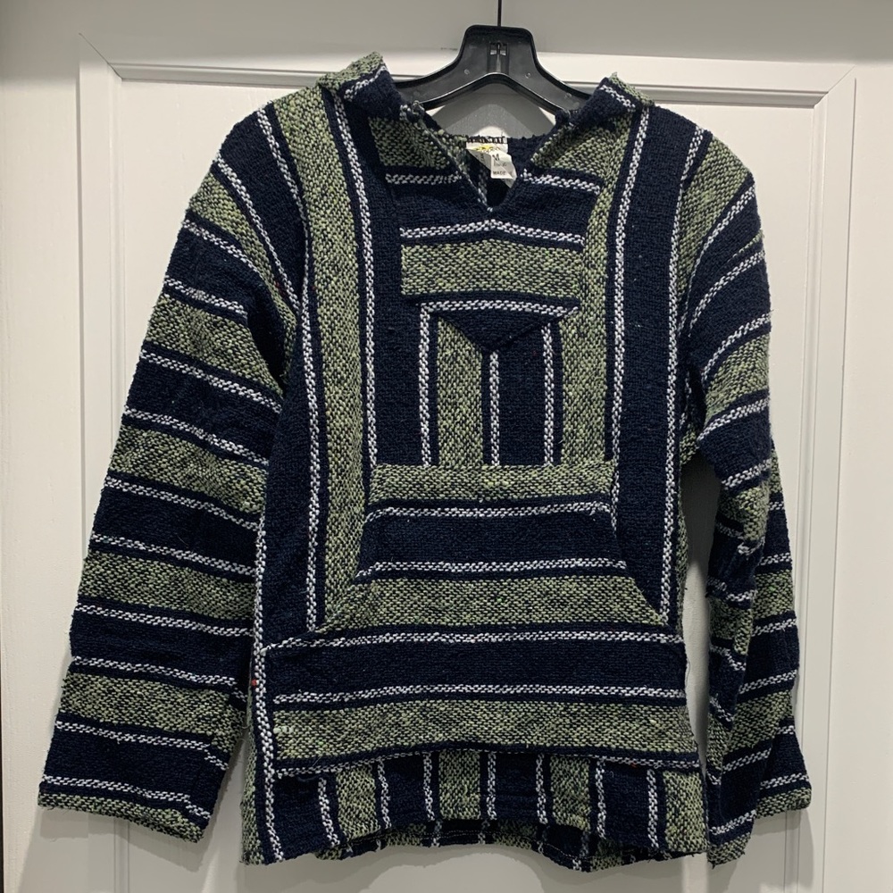 Blue/green stripe knitted poncho hoodie pullover size medium.